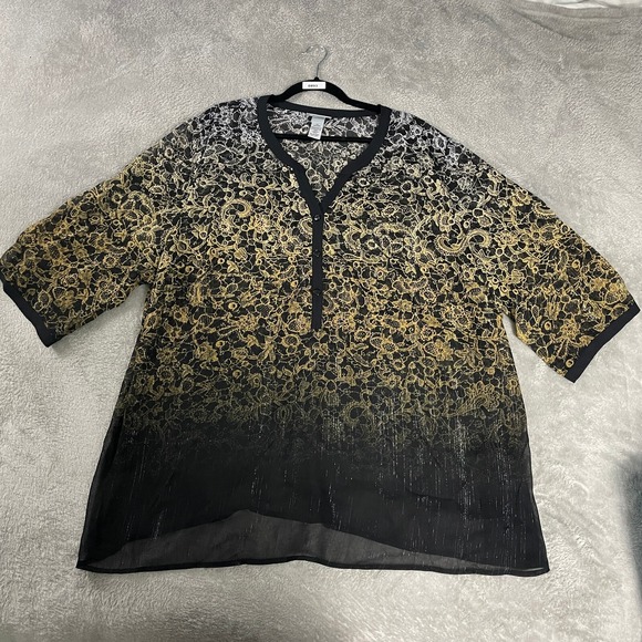 Catherines Sheer Metallic Ombre Tunic Top Womens 3X 26/28W Black Gold Floral - Picture 1 of 15